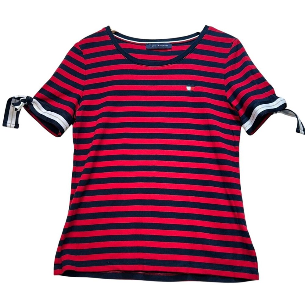 Tommy Hilfiger Women Crew Neck T-Shirt Bow Sleeve Stretch Red Blue Stripe Casual